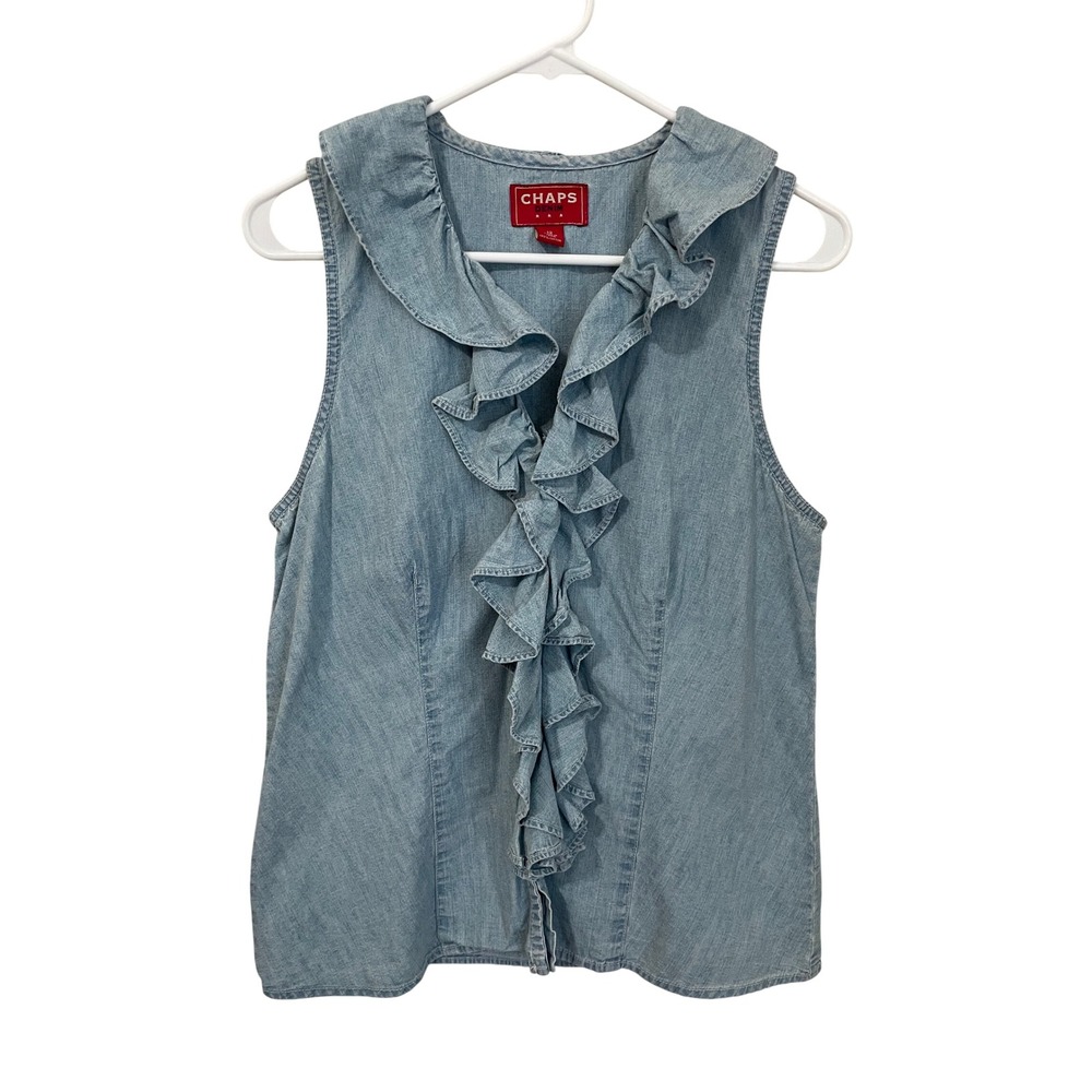 Chaps Vintage Size 12 Chambray Ruffle Sleeveless Top Western Country Boho